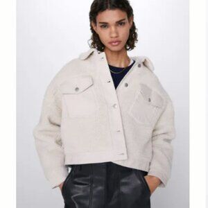 Zara Faux Sherpa Shearling Jacket Cream Teddy Bear Button Up Collar Size XS